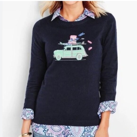 Talbots Spring Vacation Travel  Graphic Elbow Sleeve Sweater Blue/Green Size MP - Picture 1 of 3